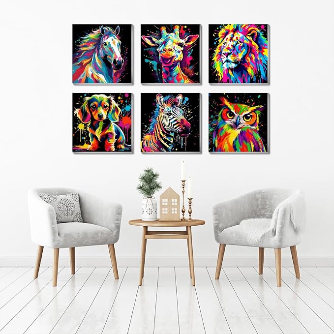 6 Pack Framed Paint by Numbers Kits for Beginners, Color Animal Paint by Number Kits for Kids Ages 4-8-12, DIY Horse Giraffe Lion Paint by Numbers on Canvas Children Paints by Number Kits 8x8Inch