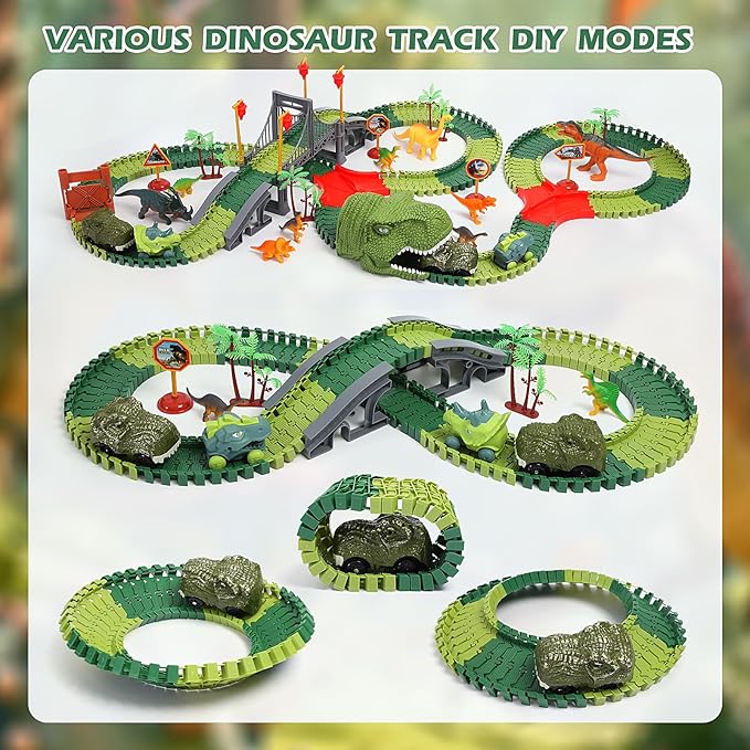 FUNBUD Dinosaur Race Track Toys for Kids - Birthday Gifts for Boys Age 3 4 5 6 7 Year Old, Flexible Race Cars Track Playset with Lights, 280+ PCS Creative