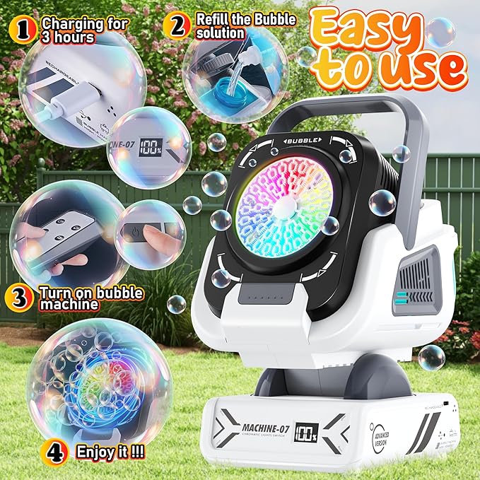 Bubble Machine,20000+ Per Minute Bubble Maker for Parties,Outdoor Toys for Kids,Rechargeable/with Remote Control / 7 Color RGB Lights,Wedding Birthday Party, Bubble Blower for Boys & Girls