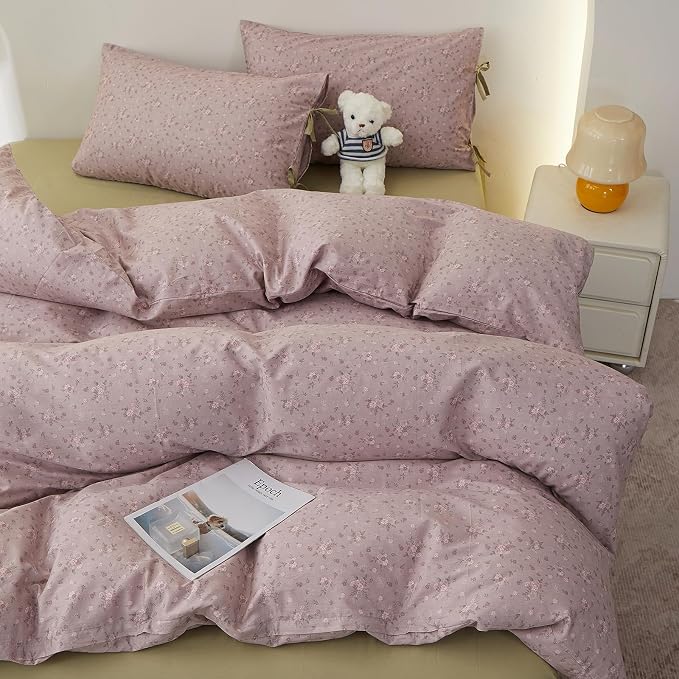 Purple Floral Comforter Set King, 3 Pieces Cottagecore Aesthetic Cute Flowers Comforter Set for All Seasons, Coquette Floral Mauve Bedding Vintage Botanical Comforter with 2 Bow Ties Pillowcases