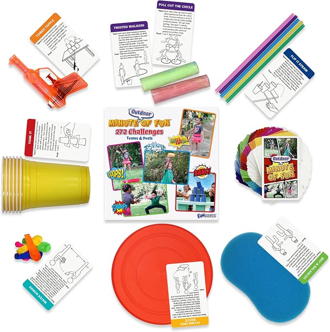 Funwares Original 272 Outdoor Minute of Fun Games - Minute to Win It Family Party & Travel for Kids & Adults, 2-12 Players! Ready to Play Right Out of the Box!