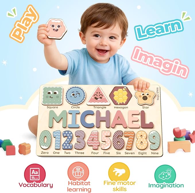 Montessori Wooden Shape & Number Puzzle for Toddlers 1-3 – Learning Board with Shapes, Alphabet Letters & Numbers 0-9 – CPC Certified Educational Toy, Preschool Fine Motor Skills Gift