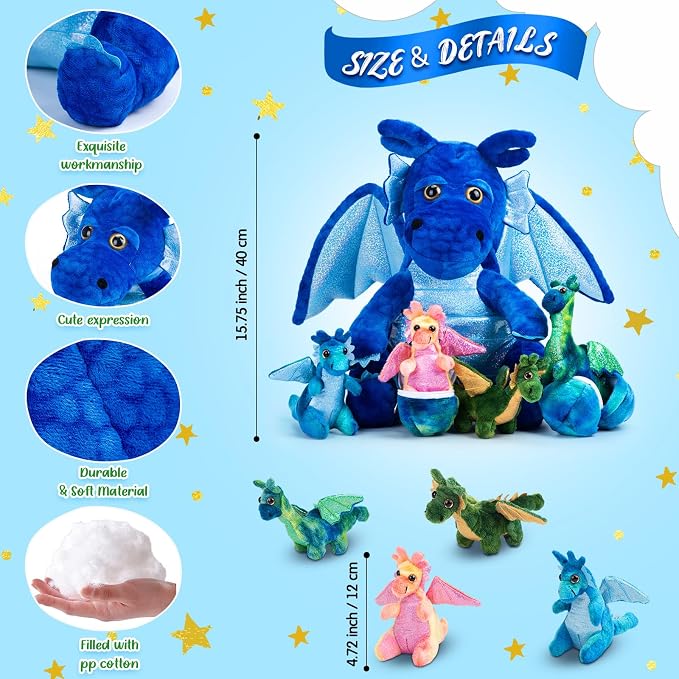Arrowbash 7 Pcs Dragon Family Plush Toys Gift Set 15.75'' Large Mommy Dragon Stuffed Animal with 4 Baby Dragons and 2 Eggs Soft Glitter Blue Plush Get Well Gift for Birthday Christmas Holiday Playtime