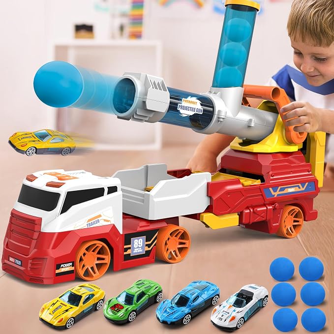 Dwi Dowellin Truck Toys for Kids, 28" Large Car Toys Include 4 Racing Cars+6 Ball, with Light & Sounds, Eejection&Shooting Transport Cars Toys Vehicle, Gifts for Boys Girls-RED