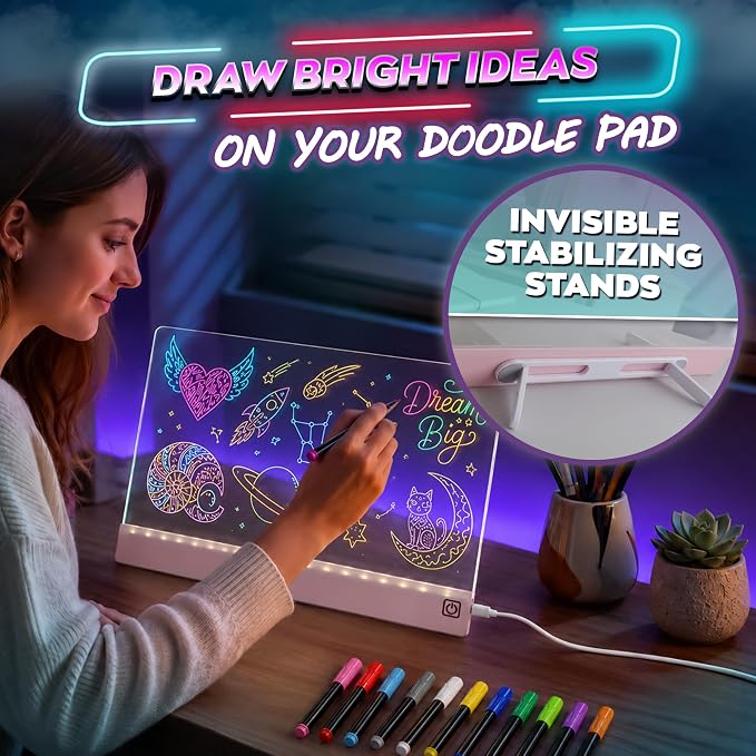 Upgraded 16 Inches LED Drawing Board – Rechargeable, 8 Colors, 11 Light Modes, Adjustable Brightness – Acrylic Light Board for Tracing with Stand, Markers and Full Kit – Birthday Gift Set (Pink)