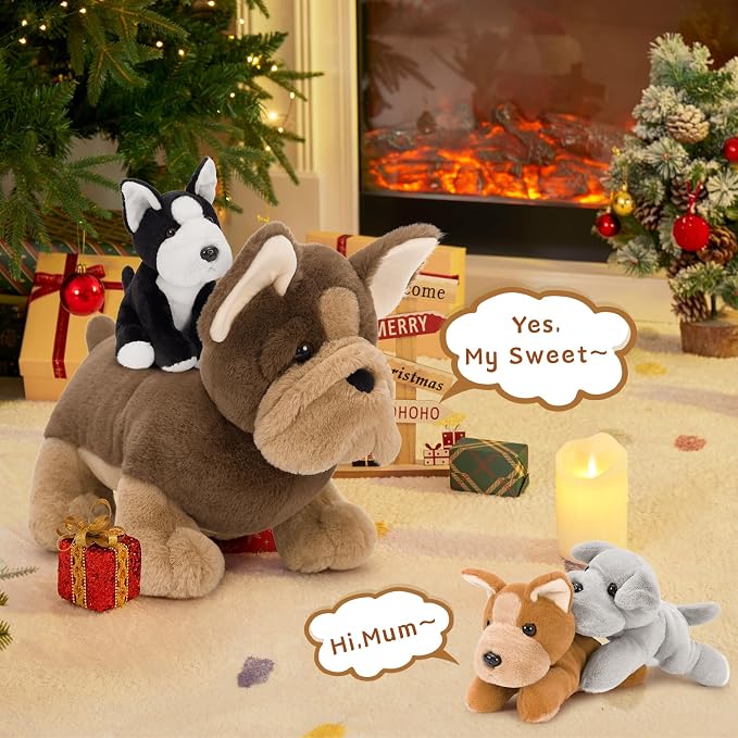 MorisMos French Bulldog Stuffed Animal with Babies,18'' Mommy Stuffed Dog Push with Puppy Toys for Kids,4Pcs Realistic French Bulldog Toys for Girl Boy,Pug Toy Gift for Birthday Christmas