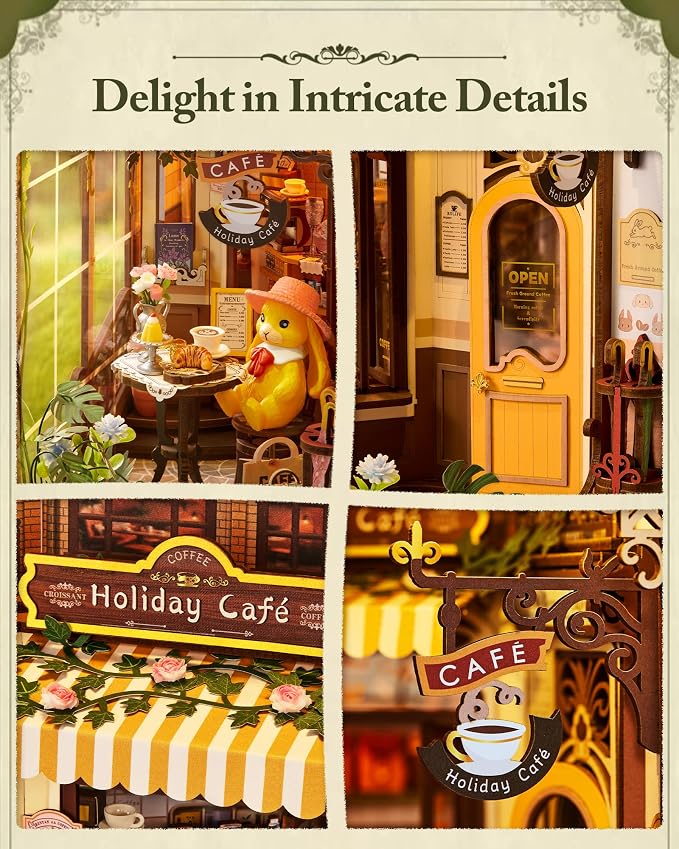 ROBOTIME DIY Book Nook Kit Holiday Café, 3D Wooden Puzzle Miniature Coffee Shop with LED Light, Creative Bookshelf Decor Diorama Kit for Adults, Unique Gift Idea