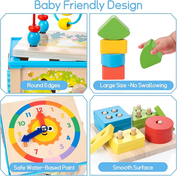 WOODMAM Wooden 7-in-1 Activity Cube, Montessori Toys for 1 Year Old Toddlers, Baby Educational Developmental Toys, One Year Old Boys Girls First Birthday Gifts with Bonus Sorting & Stacking Board