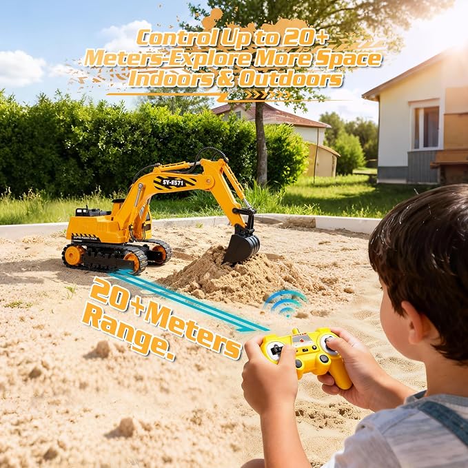 DOUBLE E Remote Control Excavator Toy, 2*Batteries 2.4GHz RC Excavator, 6-in-1 Digging/360° Rotation, 20M Range Sandbox Construction Toys Birthday Gift for Boys/Kids 6+ Years