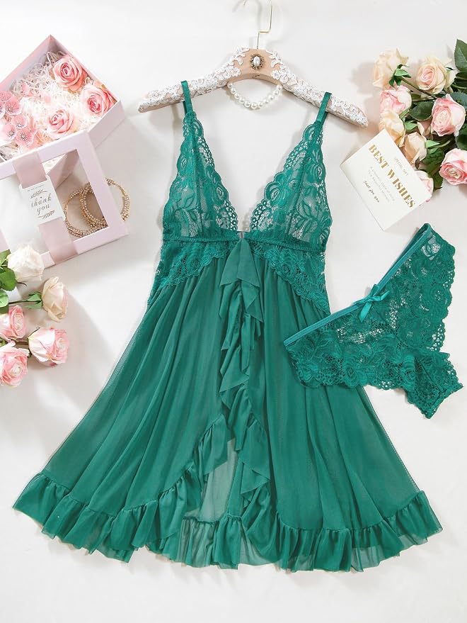 Foxiny Sexy Open Front V Neck Ruffle Sheer Mesh Lace Wireless Babydoll Lingerie Dress with Thong 2 Piece