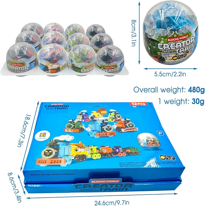 Mini Building Block Sets, 12PCS Vehicle Train Toys Building Blocks, 6 in 1 STEM Toys Eggs Building Sets, Party Favors for Kids Goodie Bags Prizes/Birthday Gifts
