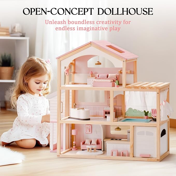 ROBUD Doll House, Wooden Dollhouse with 6 Rooms, 29-pcs Furniture Set, Working Elevator, Garage, Swimming Pool, Ideal Gift for Kids Ages 3+ (Pink)