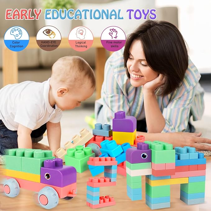 Baby Building Blocks Set, 80PCS Blocks for Babies 6 Months and Up | Rubber Soft Blocks with Storage Bucket, Large Building Blocks, Educational Stacking Toys, Toddler Gifts