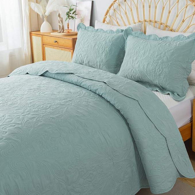 HoneiLife King Quilt Bedding Set - 3 Piece Microfiber Quilt Sets Lightweight Bedspreads Reversible Coverlets Retro Bed Cover Quilt King Size All Season Quilts-Sage Green