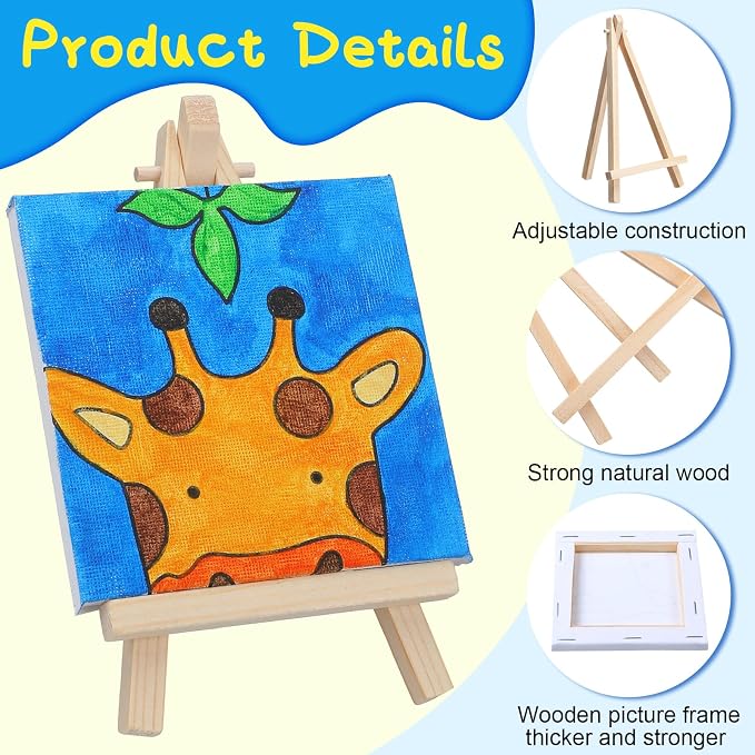 Tenceur 48 Pcs Kids Paint Party Favors Sets with 12 Pcs Animals Pre Drawn Canvas Panel and Wooden Easel Set Paint Pots and Brushes 12 Mini Apron and Tote Bag for Kids Girls Student Boys