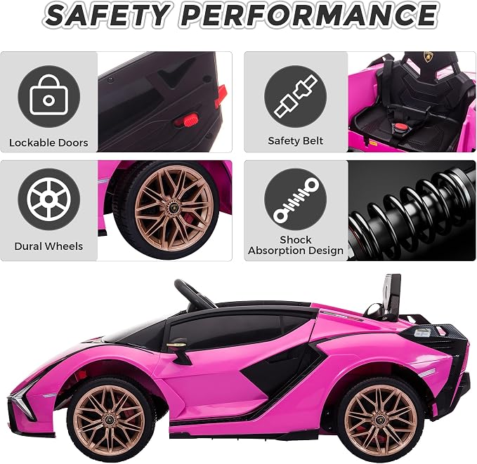 Licensed Lamborghini SIAN Kids Electric Ride On Car by TOBBI, Toddler 12V Battery Powered 4 Wheeler Driving Vehicle Toy with Remote Control/Safety Belt/Horn & LED Lights for Children Age 1-6-Pink
