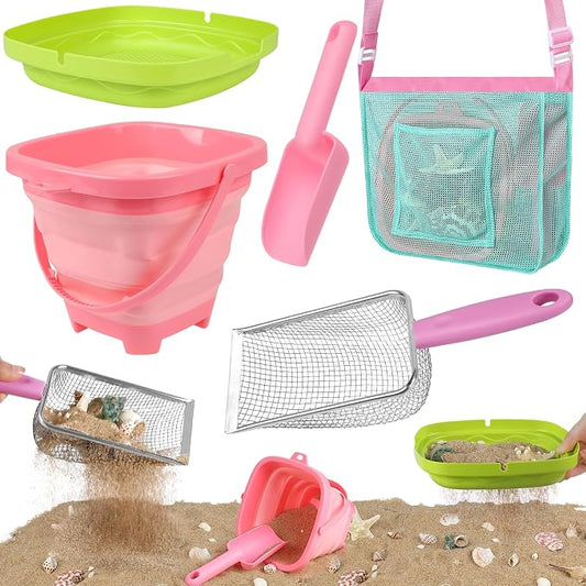 Beach Shell Collecting Set, Sand Toys with Collapsible Bucket, Shark Tooth Sifter, Sand Sifter, Mesh Bag, Outdoor Exploration Tools & Treasure Hunt Toys for Kids, Family Beach Vacation Essentials