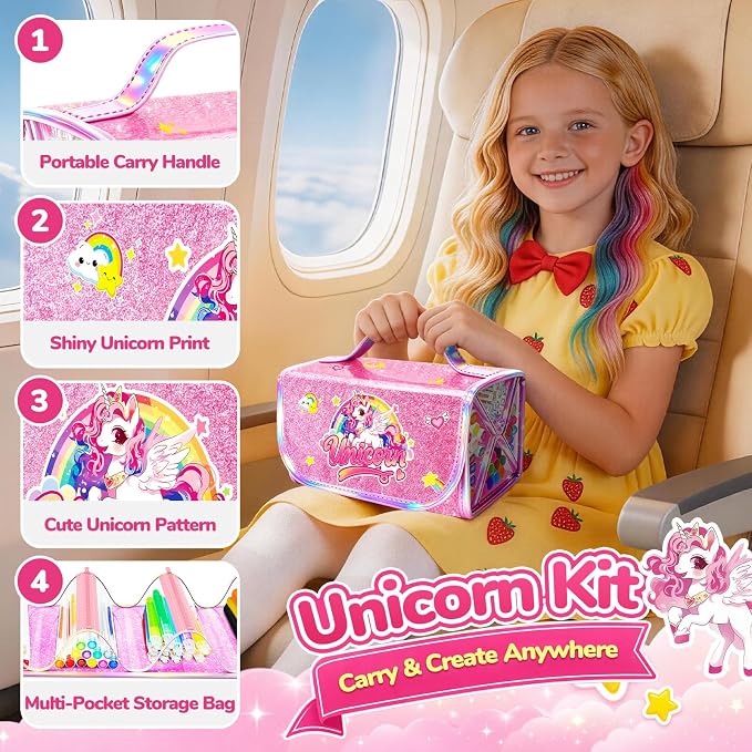 70 PCS Unicorn Arts and Crafts for Girls Ages 4-6-8, Art Supplies Set with 3D Rainbow Glitter Pencil Case, Washable Dual Markers, Scented Gel Pens, Twist-up Crayons & Unicorn Stickers, Birthday Gift
