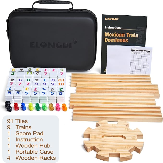 ELONGDI Mexican Train Dominoes Set with 4 Wooden Trays/Racks and Portable Carrying Case,Travel Colorful Double 12 Dominoes - 91 Numbered Tiles,for Kids and Adults