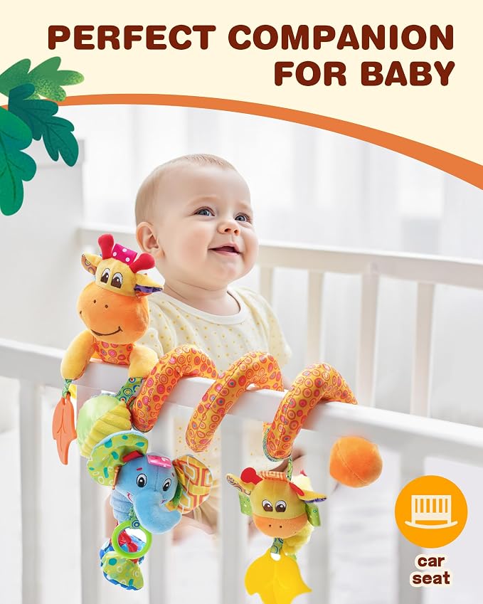 Jollybaby Crib Stroller Car Seat Toys for Baby 0-3-6-9-12 Months, Tummy Time Hanging Sensory Toys for Newborn with Music Box and Teether, Spiral Carseat Toy for Infant Boys Girls Gifts (Giraffe)