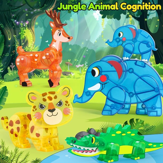 Oriate Jungle Animal Toys for Magnetic Tiles, 5pcs Movable Joints Forest Magnetic Animals for Magnet Building Tiles, Educational Zoo Animals Compatible with Kids Magnetic Blocks