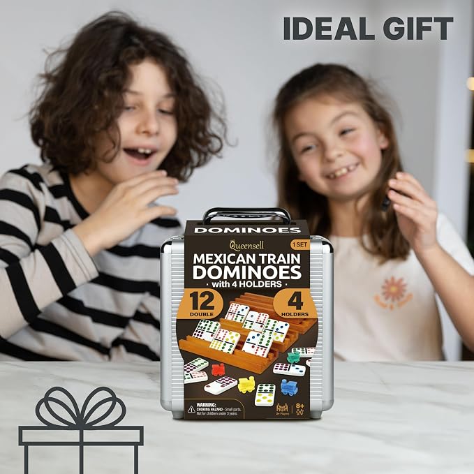 Mexican Train Dominoes Set with 4 Holders - Dominoes Double 12 with Wooden Hub and Tiles Holders - Double 12 Dominos Set for Family Game Night for Adults and Kids Ages 8 and up (D12 + 4 Holders)