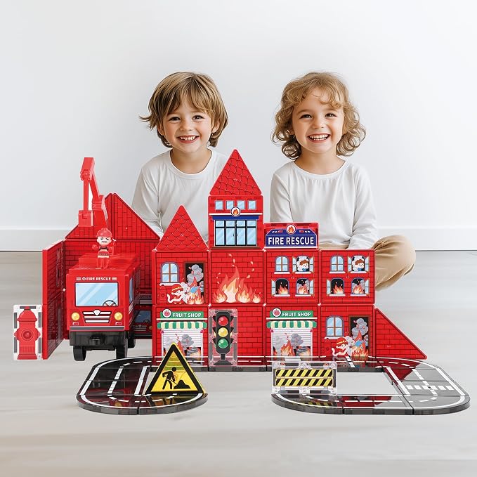 MEGAGONTILES Fire Station Magnetic Tiles Set 60PCS | STEM Magnetic Building Blocks with Fire Trucks & Cranes | Educational Construction Toy for Kids Ages 3–8 | Compatible with All Tile Brands