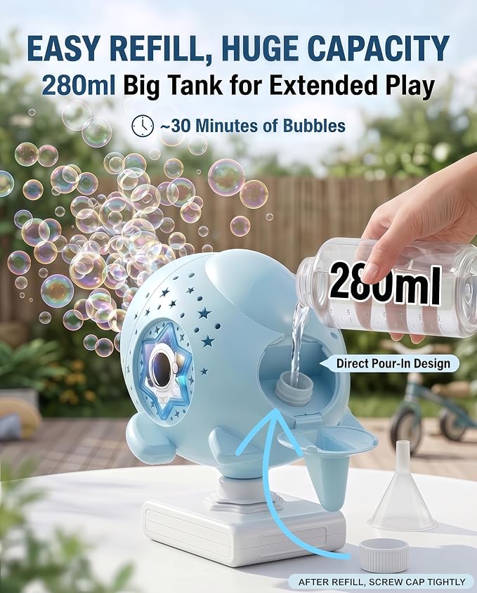 Bubble Machine for Kids, Rechargeable 30000+ Bubbles Maker Blower with 360° Rotating Base & LED Lights, Outdoor Toy for Toddlers Boys Girls Age 3+ for Weddings, Birthday Parties, Garden