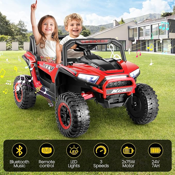 Hikole 24V Battery Power Operated Car, Ride on Toys w/Parent Remote, Off-Road Kids UTV 2 Seats, Ride Car for Kids Ages 4-8 to Drive, High/Slow Speed, Music Player, Bluetooth/USB, Red