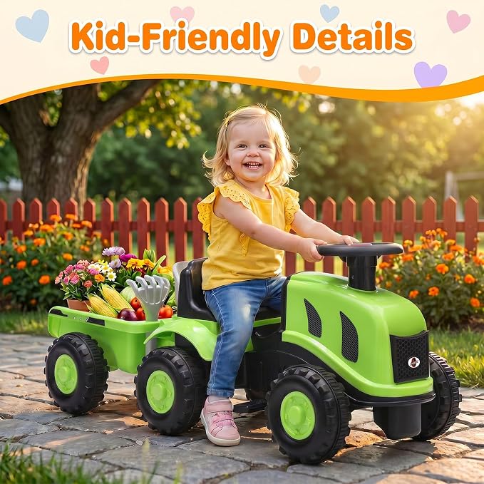 Kids Ride on Tractor, 2 in 1 Foot to Floor Push Car w/Detachable Trailer, Horn, Rake & Shovel, No Power Sliding Toy Gift for Toddlers, Outdoor Ride on Construction Vehicle (Green)