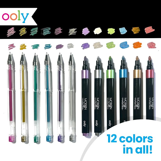 Ooly 13 PC Metallic Drawing Kit Includes 6 Metallic Markers, 6 Metallic Gel Pens and 40 Sheets of Black & White Paper, 20 for Each Color