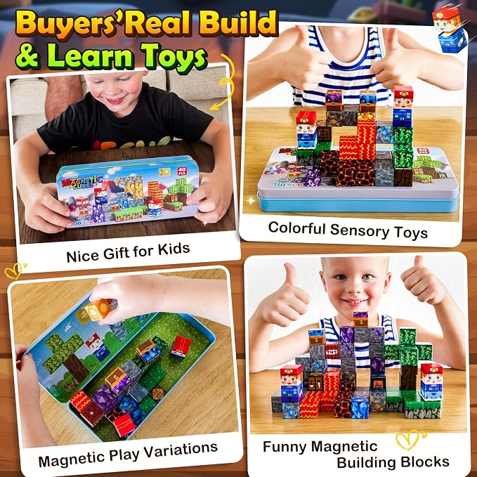 Soyee Magnetic Blocks Travel Toys with Metal Tin Travel Essentials STEM Learning Outdoor Building Kids Toddler Toys & Birthday Gifts for Boys Girls Ages 3+