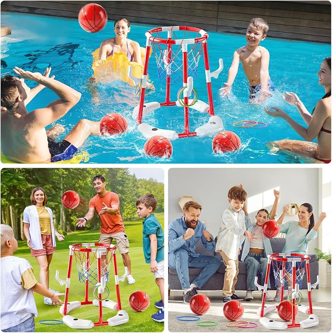 JUKUDAHU Swimming Pool Basketball Hoop Toy for Kids 2 3 4 5 6 Years Old - Floating Pool Basketball Game Toys with 4 Balls Air-Pump, Outdoor Play, Poolside Summer Water for Boys Girls Age 4-8-12 (Red)