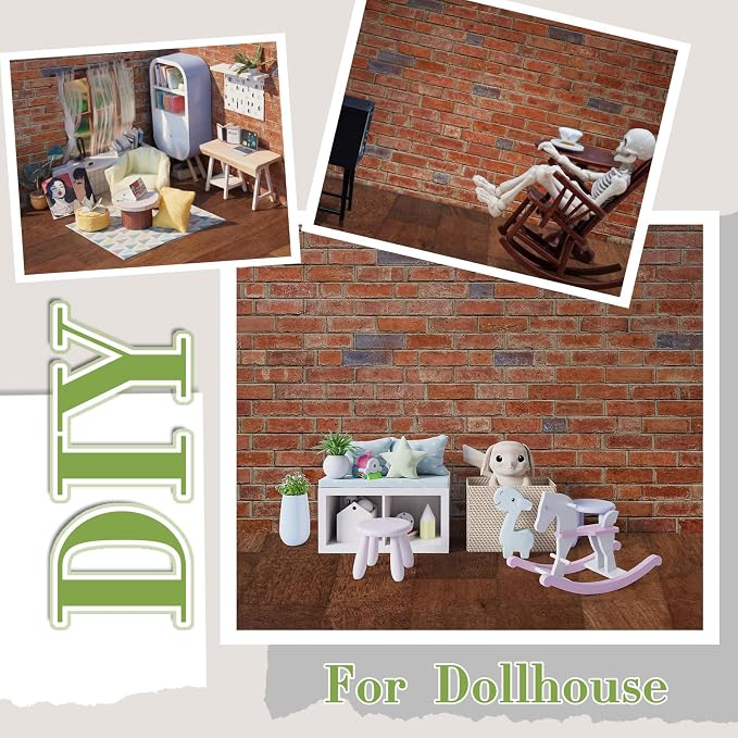 Flutesan 12 Pcs Miniature Dollhouse Wallpaper and Flooring Peel and Stick Mini DIY Self Adhesive Dollhouse Accessories 8.27 x 11.69 Inch (Elegant Style,Red Clinker)