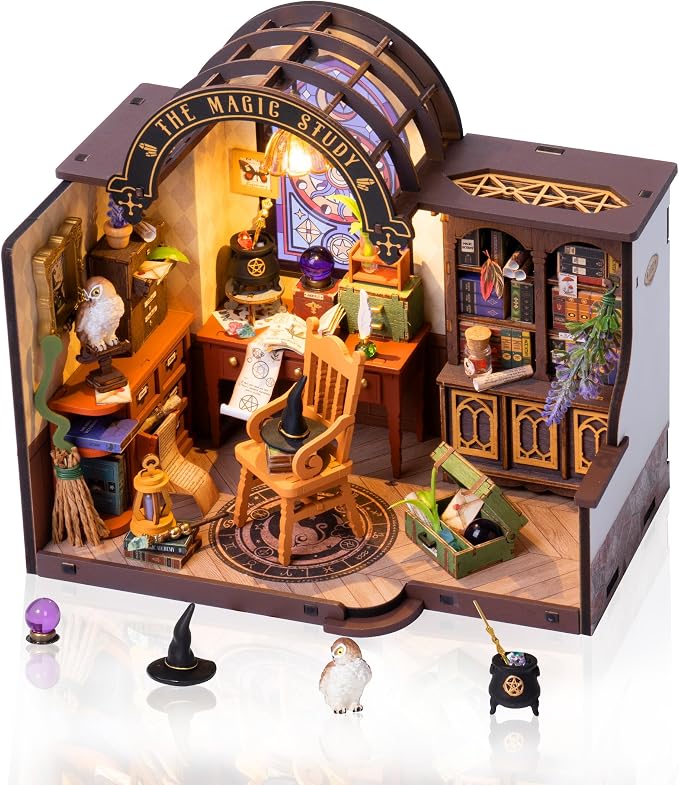 Rowood Magic Study Miniature House Kit, DIY Miniature Dollhouse Kits for Adults, Wizard Mini House Craft Kits for Women with LED, Halloween Christmas Birthday Gift for Adults (The Magic Study)
