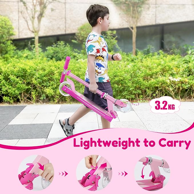 TONBUX Scooters for Kids 5-12, 2 Wheel Scooters with Cool Light Up Stem, Wheels, and Deck, 3 Level Adjustable Height Kick Scooter, Foldable and Lightweight Scooter for Kids 8-12
