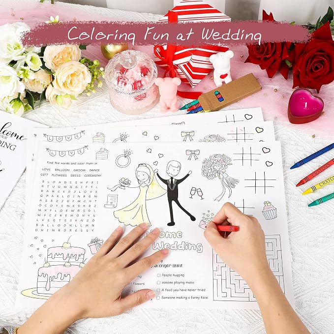 Pasimy 24 Set Wedding Activity for Kids Including 24 Pcs Wedding Coloring Placemats Books Sheets and 24 Pcs Coloring Crayons Individually Packaged for Reception Guest Party Favors, 15.7''x11''