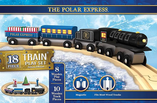 MasterPieces Polar Express Train Set, Wooden 18 Piece Deluxe Edition with Magnetic Cars and Track, Official Holiday Play Collection, Compatible with 1 Inch Train Systems, Polar Express Toys for Kids
