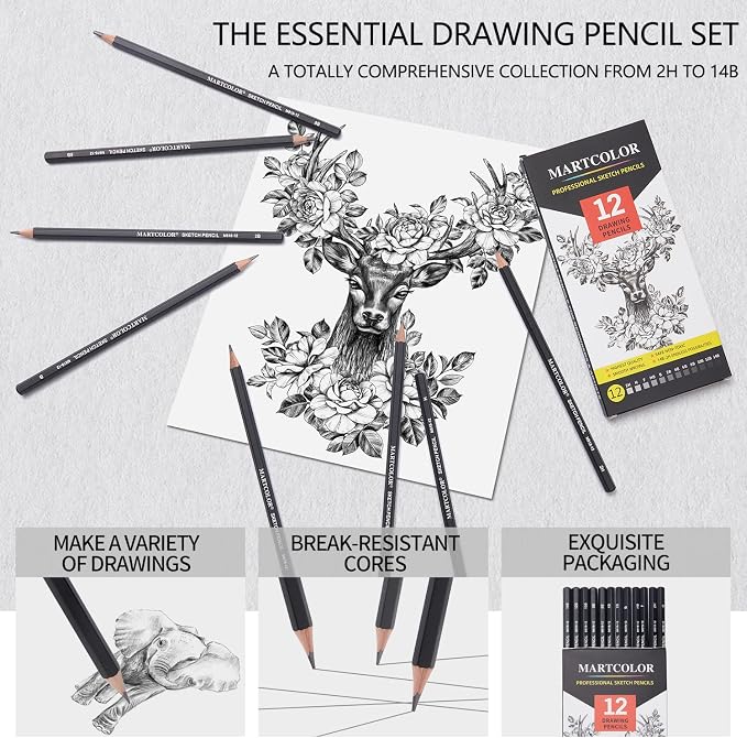 MARTCOLOR Drawing Sketching Pencils Set, 12 Pack Graphite Pencils(14B - 2H), Ideal for Drawing Art, Sketching, Shading, Artist Pencils for Beginners & Pro Artists