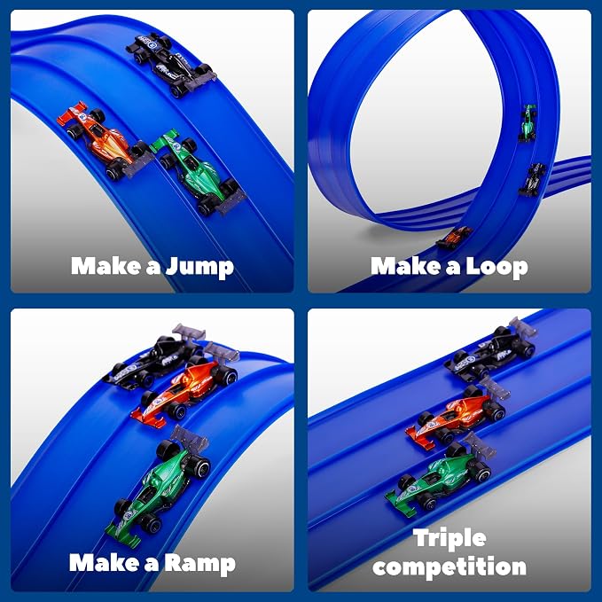 3-Lane Flexible Race Track for Kids with Suction Cups, Race Car Ramp Track & 15ft Race Car Track Compatible 1:64 Diecast Cars,Portable Roll Up Track Toy,Gift Race Track for Kids 3+ (Blue)