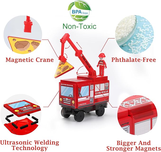 MEGAGONTILES Fire Station Magnetic Tiles Set 60PCS | STEM Magnetic Building Blocks with Fire Trucks & Cranes | Educational Construction Toy for Kids Ages 3–8 | Compatible with All Tile Brands
