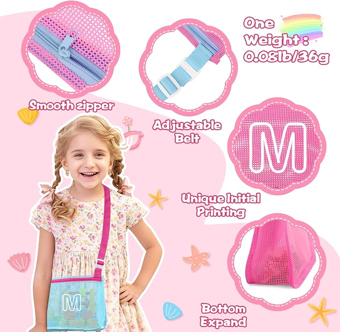 3Pcs Personalized Kids Beach Shell Bag, Initial Seashell Mesh Zipper Beach Pouch, Shell Collecting Bag for Holding Shells with Adjustable Straps, Sand Toys Swim Pouch Gift for Girl Boy Teens(Letter M)