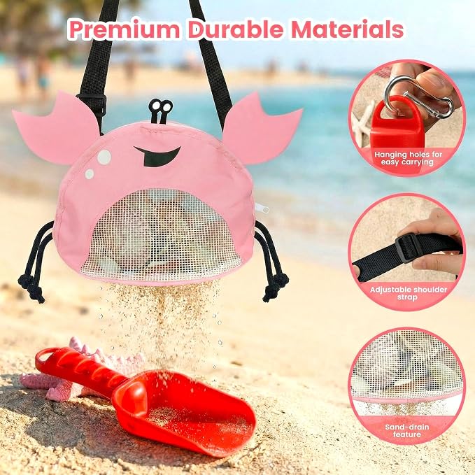 AMOR PRESENT Mesh Baby Beach Bag, Shell Collecting Bag with Shovel Crab-Shaped Adjustable Strap for Holding Shell Sea Pool Sand Toy, Pink
