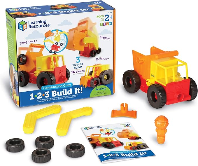 Learning Resources 1-2-3 Build It Construction Crew - Take Apart Construction Toys, Toddler Excavator Toy, Kids Dump Truck Toy, Tractor Toys for Kids 3-5, Building Sets for 4 Year Olds