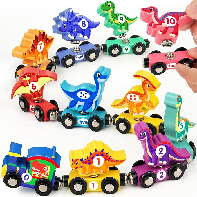 Vanmor Wooden Dinosaur Train Set for Toddlers - Magnetic Dinosaur Toys and Number Train, Montessori and Educational Toys Preschool Learning Activities for Kids, Birthday Gifts for Boys, Girls