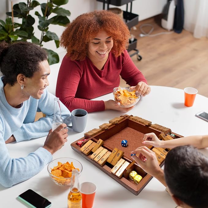 Shut the Box Wooden Board Game – 4 Player 1-10 Numbers Dark Wood Math Game with 8 Dice, Classic Strategy Game for Adults & Kids, Educational Family for Learning Addition, Classroom or Party Toy