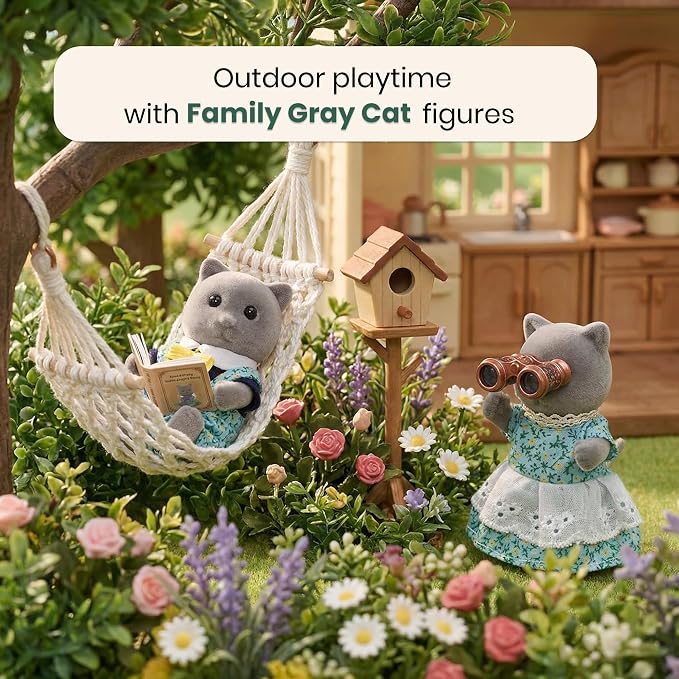 Family Gray Cat Figures — Set of 2 Collectible Flocked Mini Dolls with Removable Clothes, Dollhouse Pretend Play Set for Kids Ages 3+