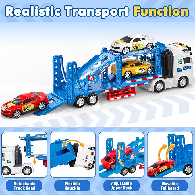 BainGesk Semi Truck Toys Car for 3, 4, 5, 6, 8 Years Old Boys Girls, Adjustable Double Decker Carrier Truck with Light & Sound, Car Hauler with Trailer Toy, Large Transport Toy Gifts for Toddler