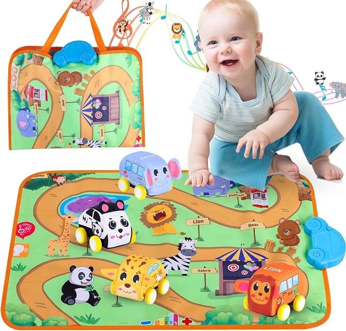 Jetbotell Soft Pull Back Vehicle & Music Mat Set for Toddler Toys 1-3 | New Interactive Mode | 4 Cute Animal Cars | Touch Play Blanket | 3 Nursery Rhyme | 8 Animal Finding Problems | Safe Portable
