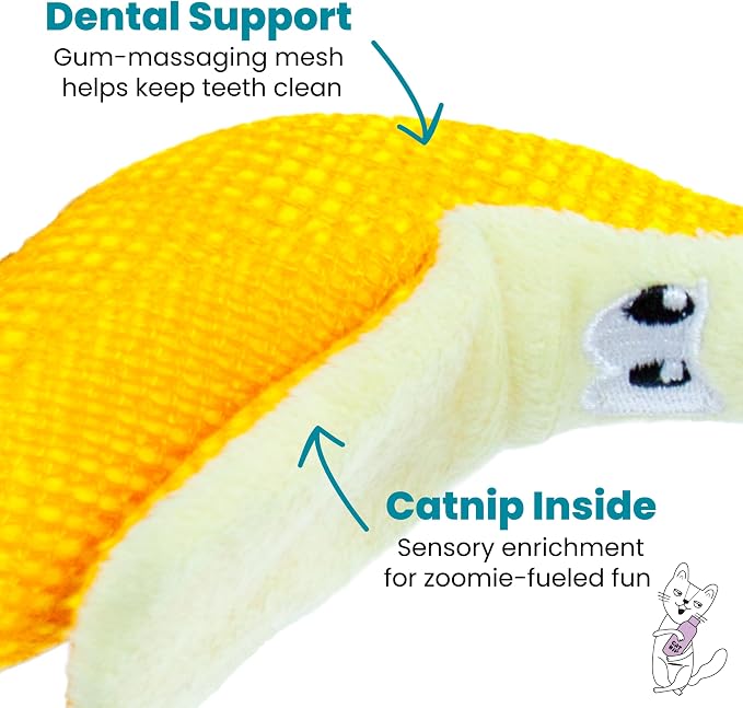 Catstages Dental Banana Cat Toy with Catnip, Dental Mesh & Crinkle Sound, Interactive Kicker for Indoor Cats & Kittens, 5.3"